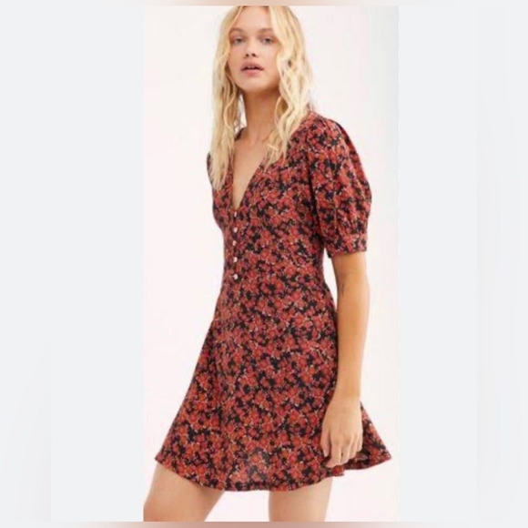 Free People Provence Floral Retro Bohemian Mini Dress CP Sleeve Flower Pattern - Picture 3 of 7